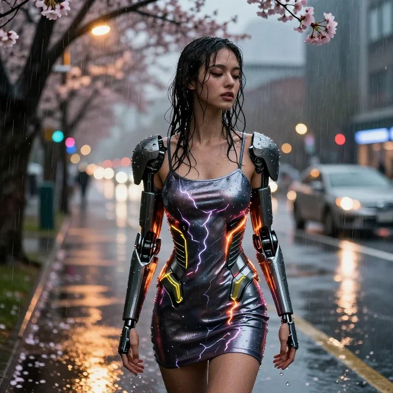 woman urban rain twilight sensual detailed