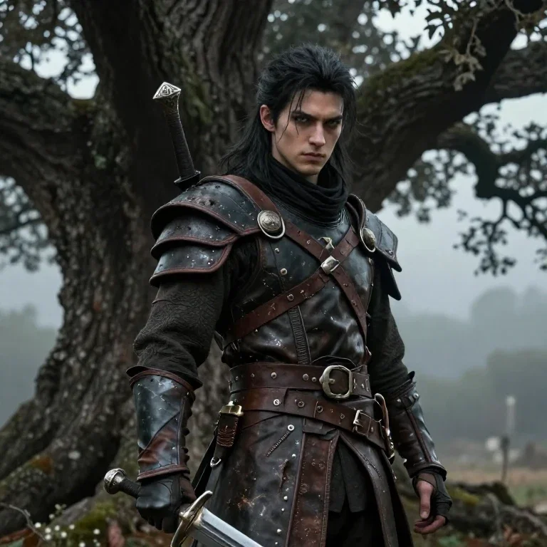 young man dark armor broadsword oak tree