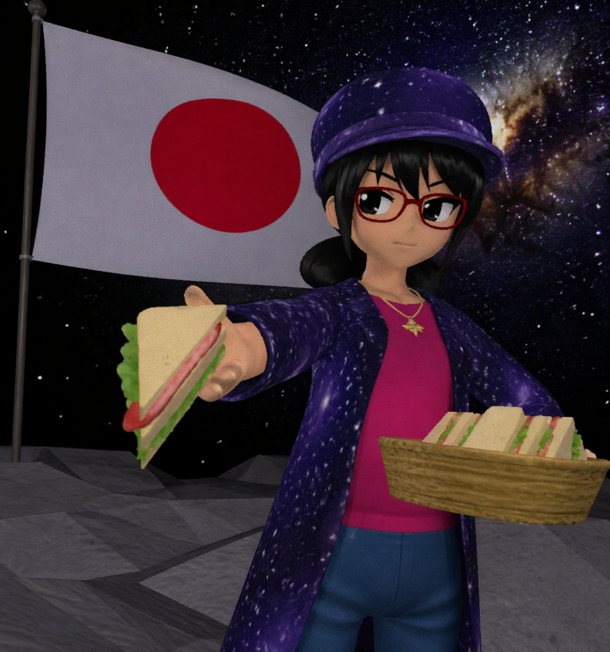 girl offers sandwich under starry sky