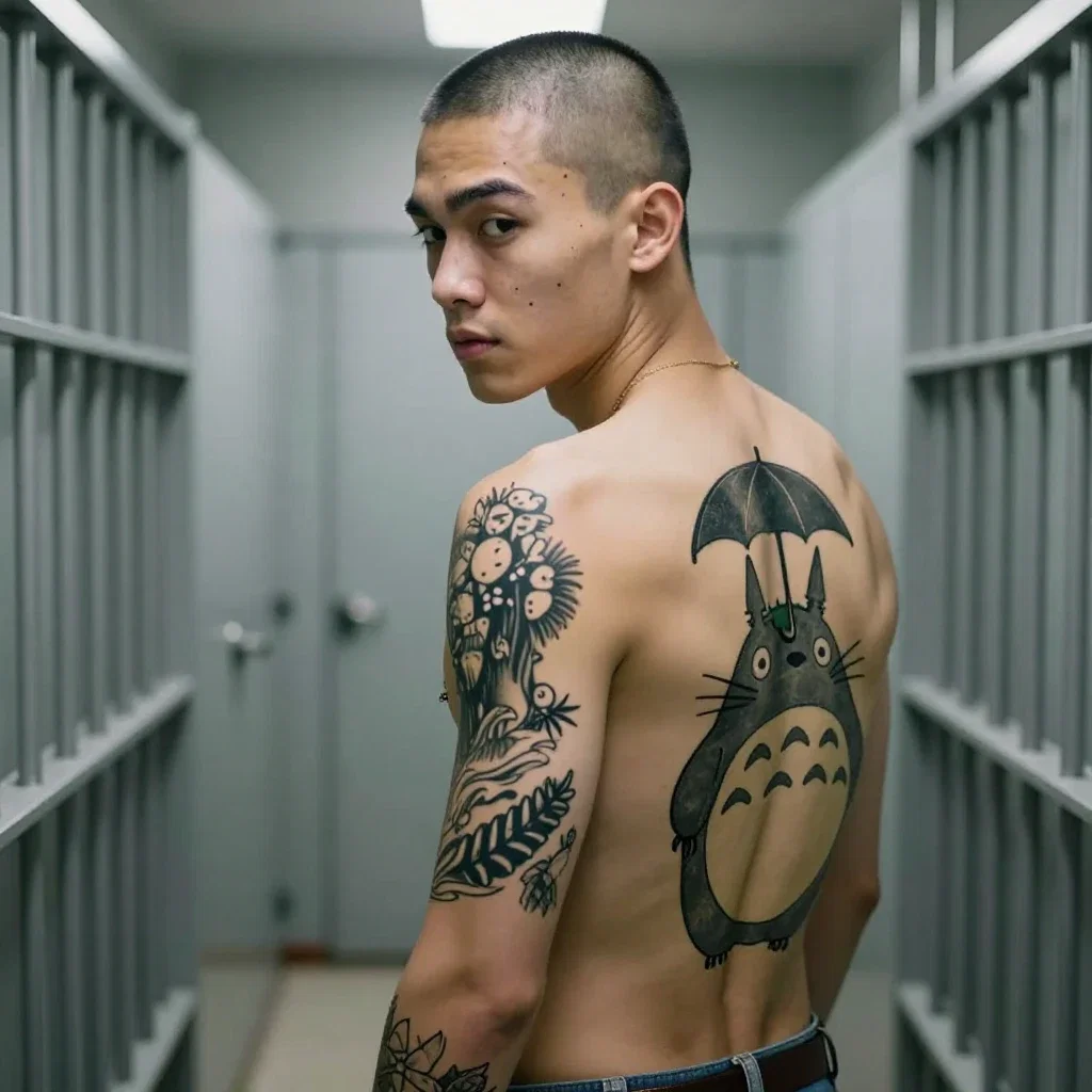 american with totoro tattoo in cell