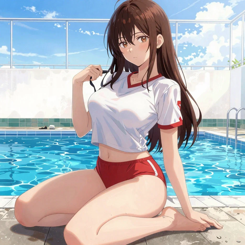 anime girl in gym clothes at poolside