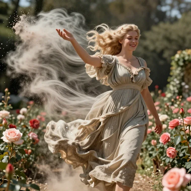 blonde beauty in rose garden wind powder art