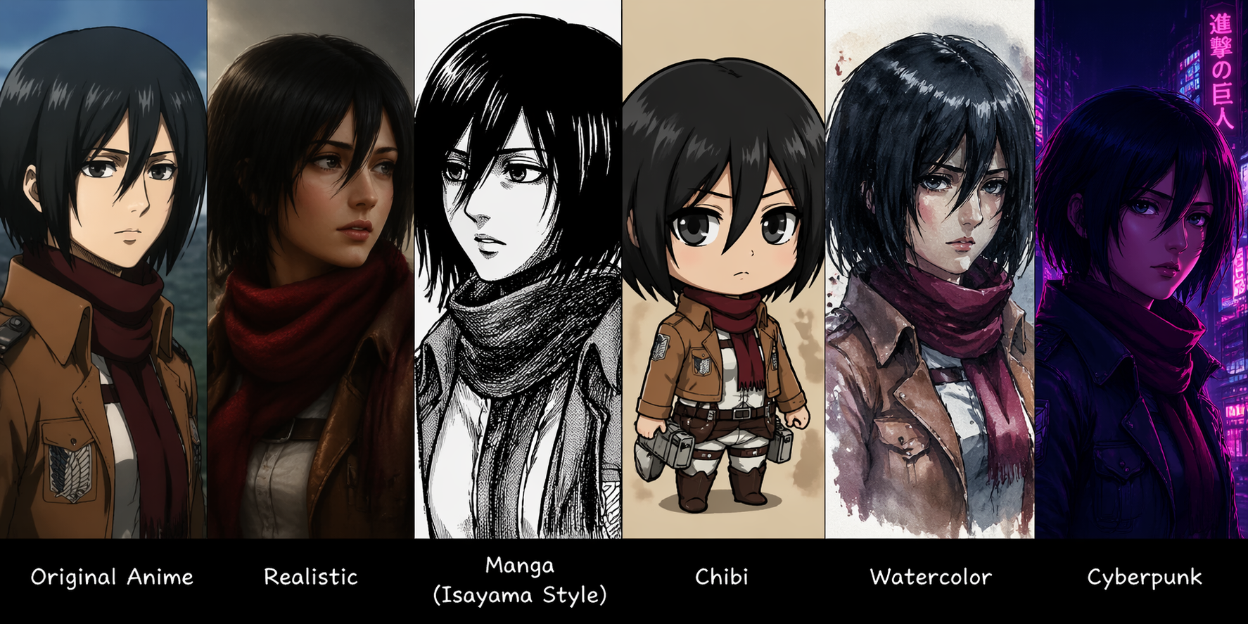 mikasa multiple art styles horizontal