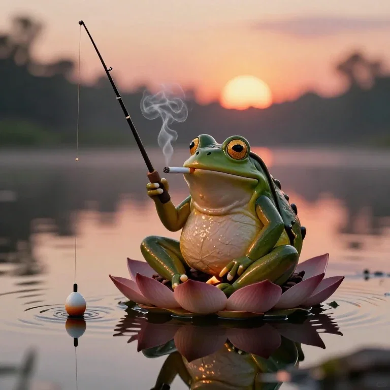 frog lotus fishing smoking sunset