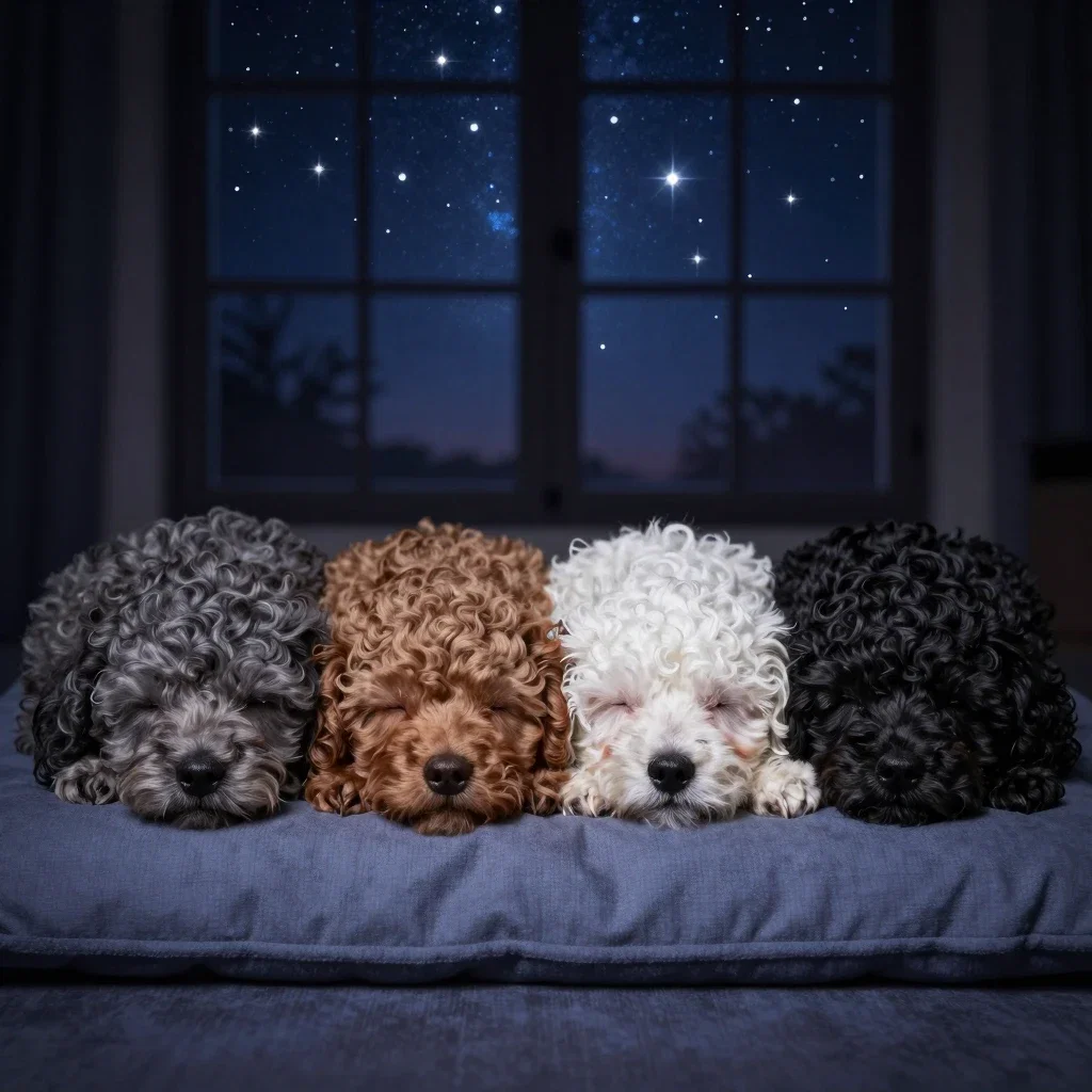 four toy poodle puppies sleeping on cushions