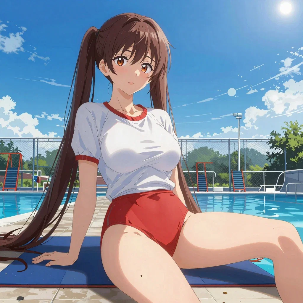 anime girl in gym clothes at poolside