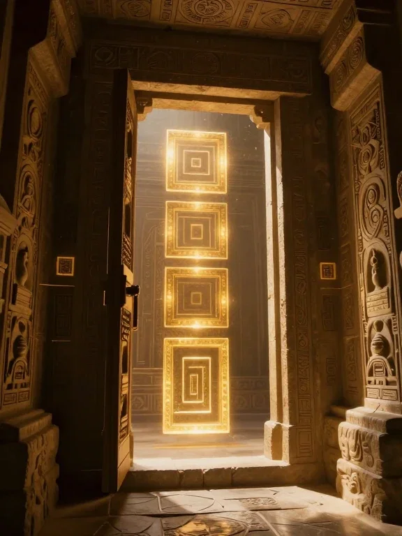 ancient stone door reveals golden light vault