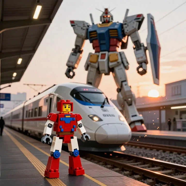 lego robot and bullet train sci fi scene