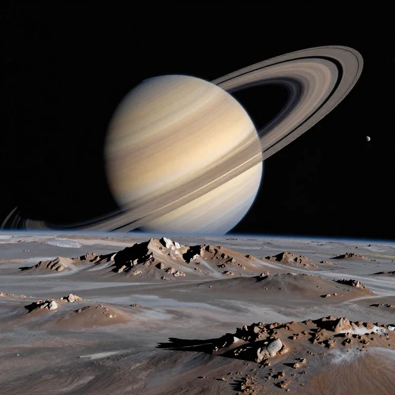 saturn rising from moon mountains with rings