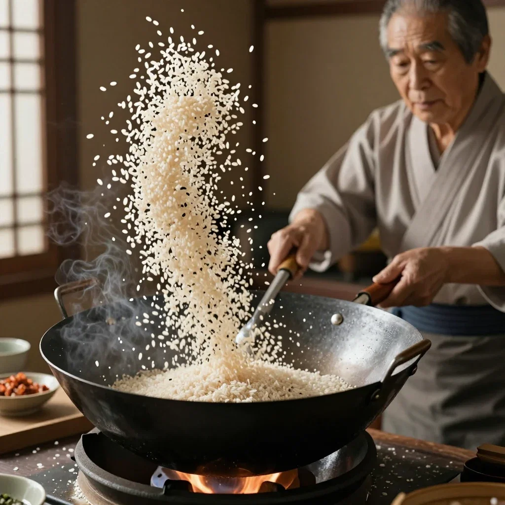 chinese wok tosses rice japanese man