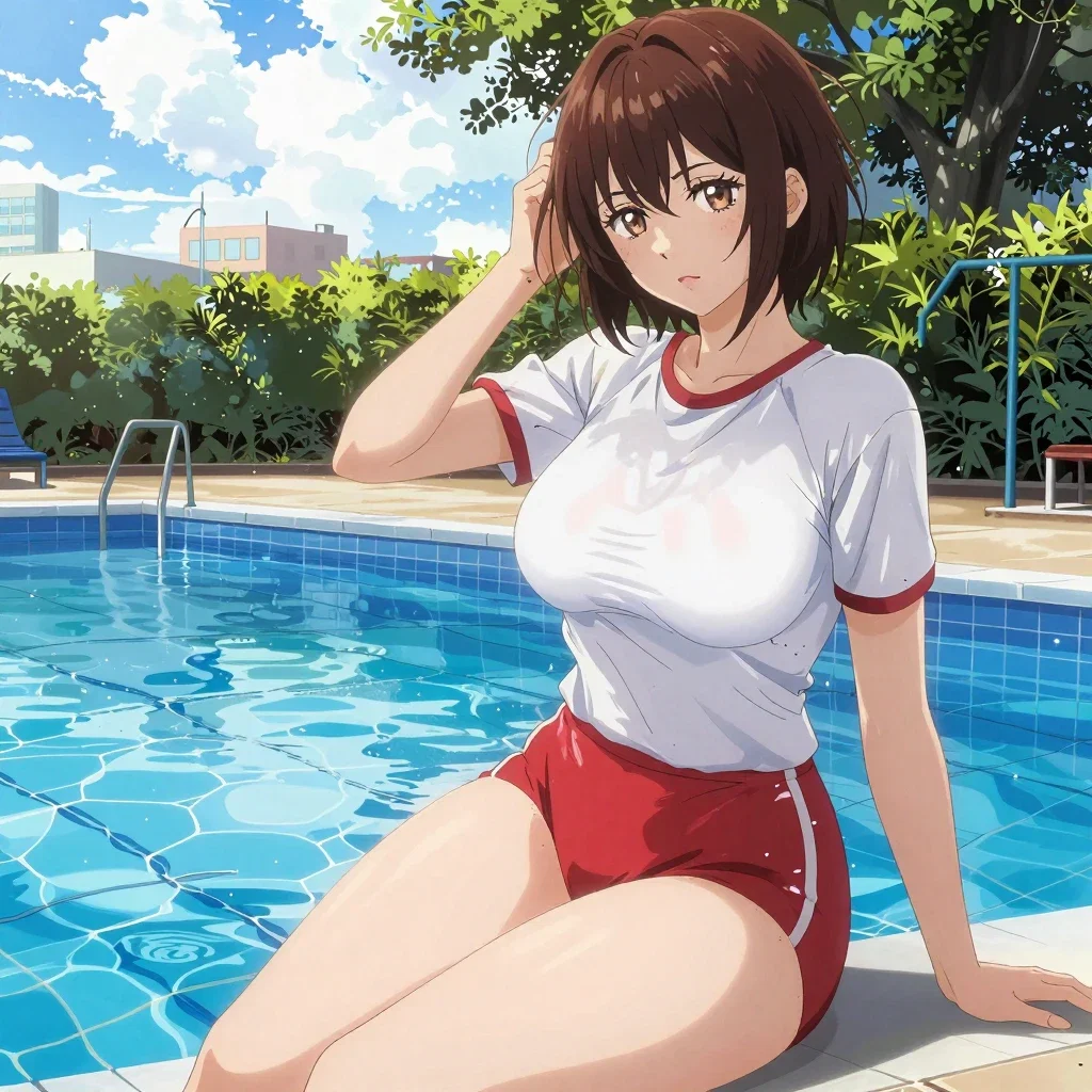 anime girl in gym clothes at poolside