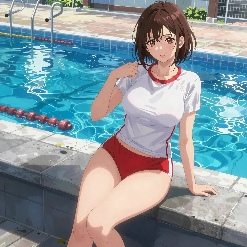 anime girl in gym clothes at poolside