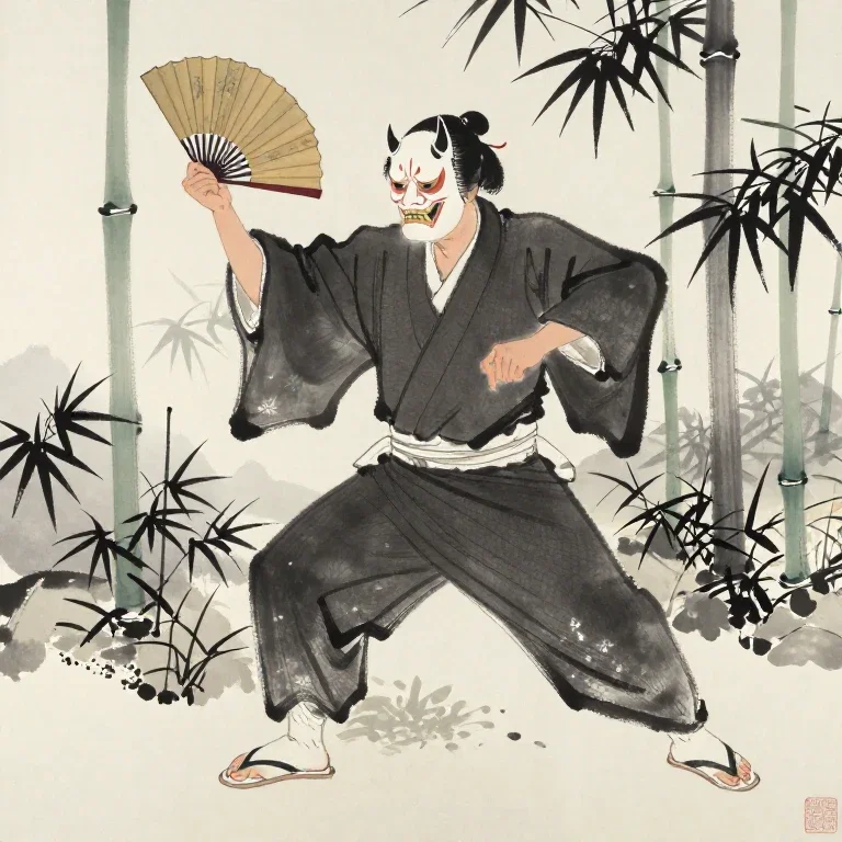 sumi e painting man kimono demon mask bamboo