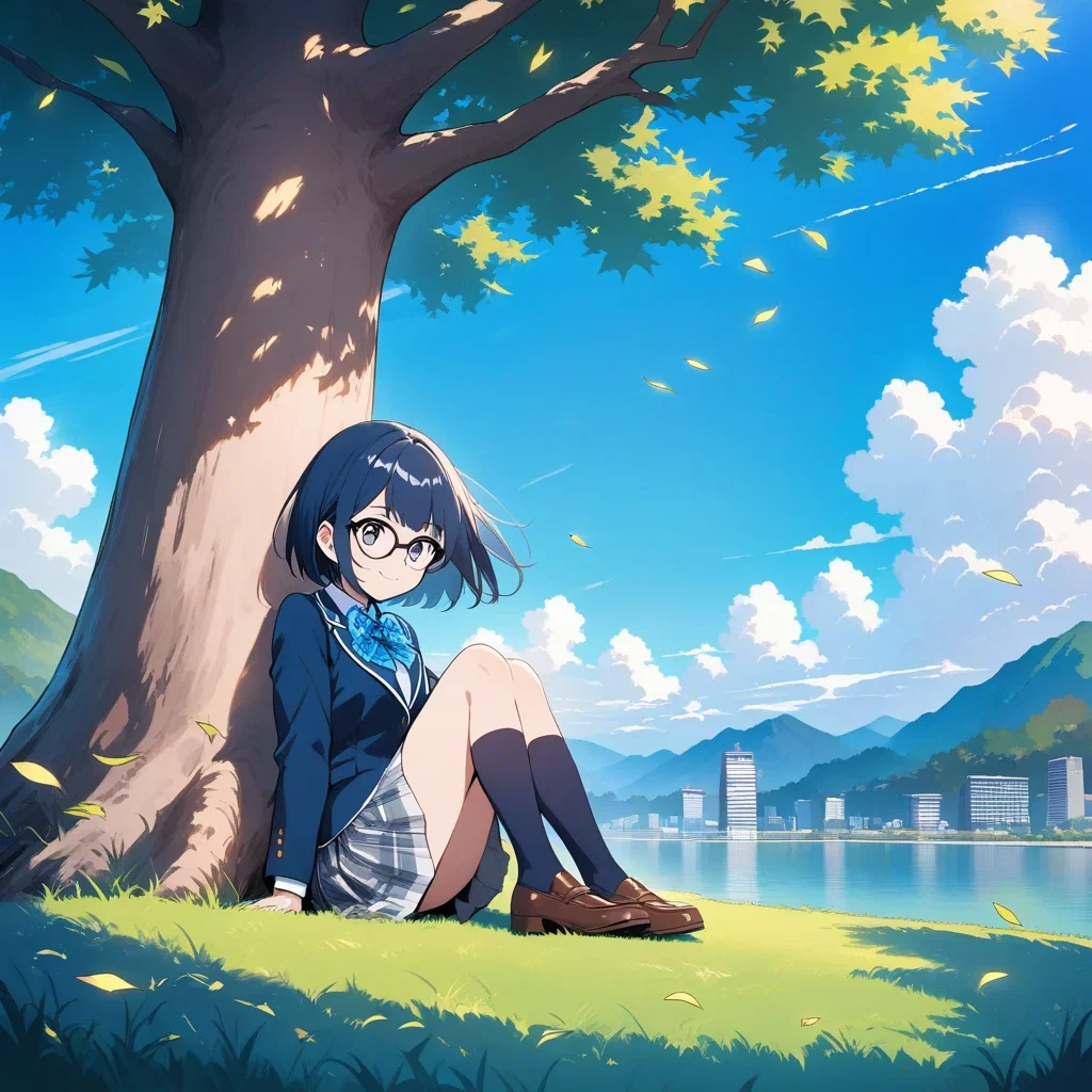anime girl in uniform under tree