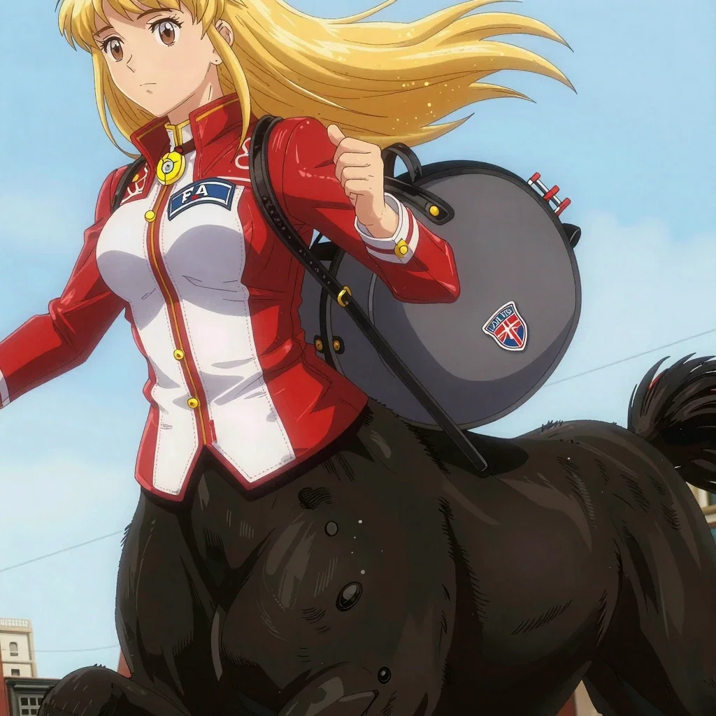 blonde girl centaur galloping city street