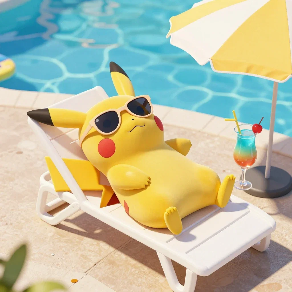pikachu lounging by poolside