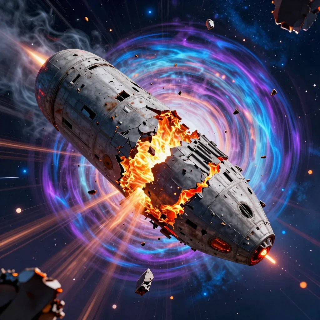 massive scarred spaceship catastrophic impact