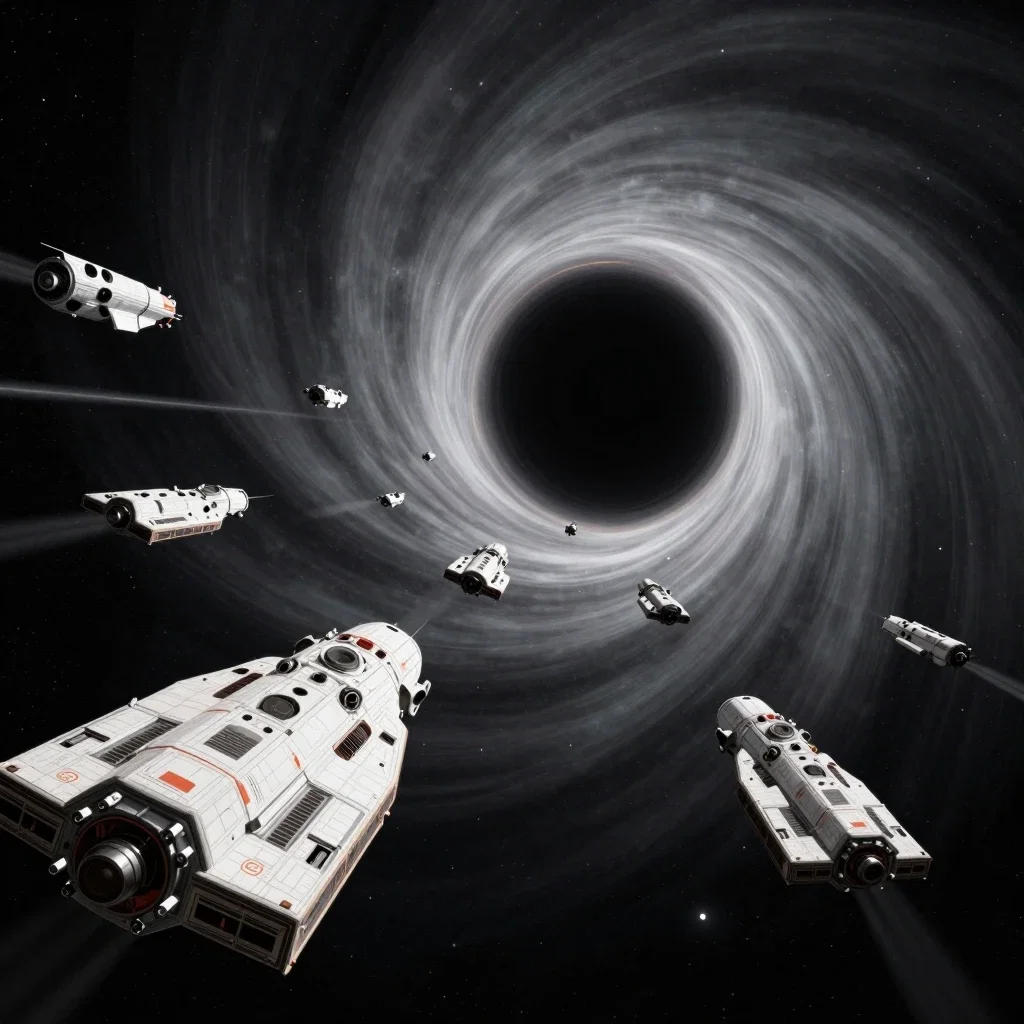 spaceship flotilla discovering black hole