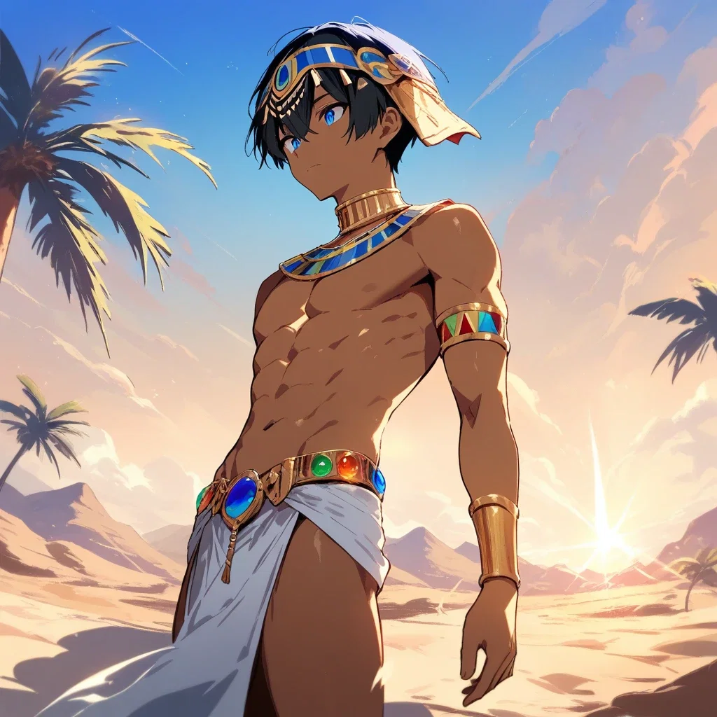 egyptian boy in desert sunset