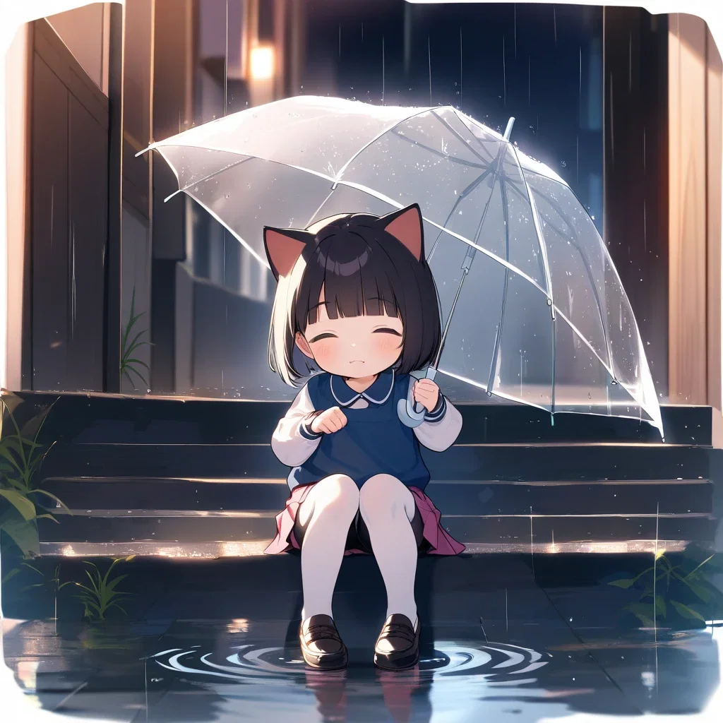 child with cat ears holding umbrella