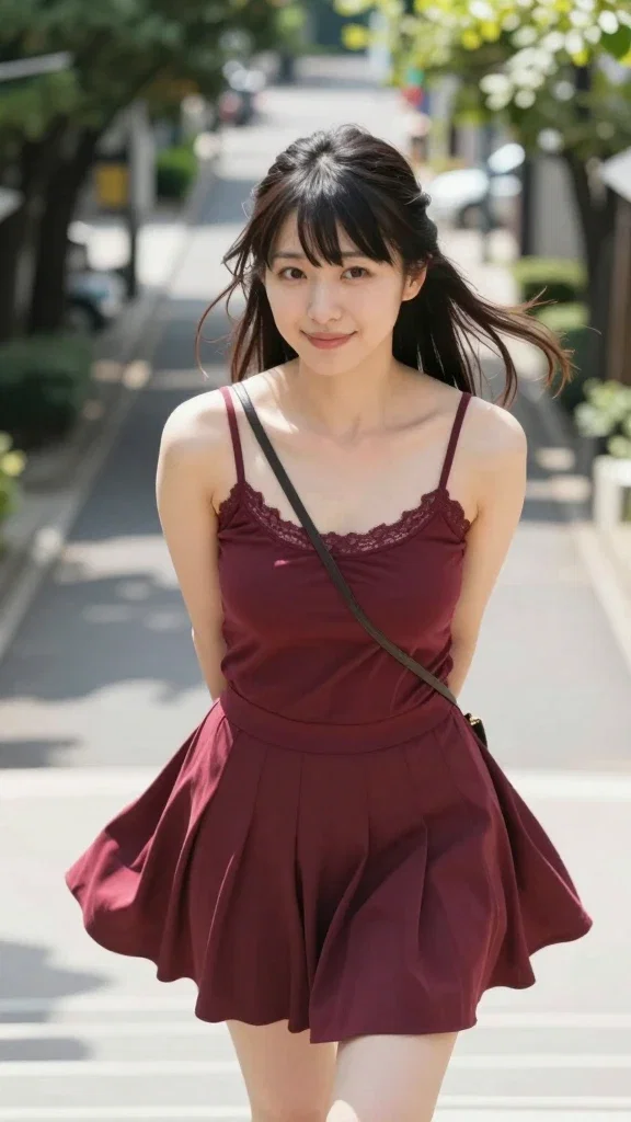 japanese woman turning on sunlit avenue