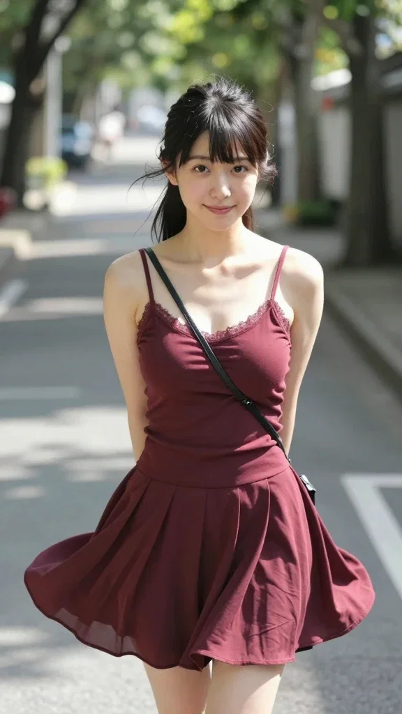 japanese woman on sunlit avenue stairs
