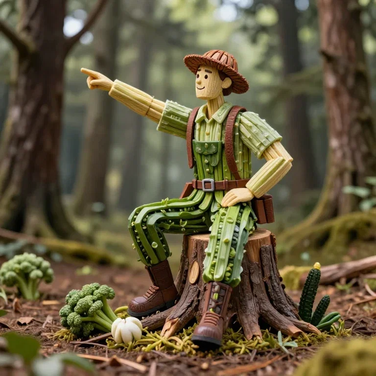 vegetable sculpture lumberjack on stump