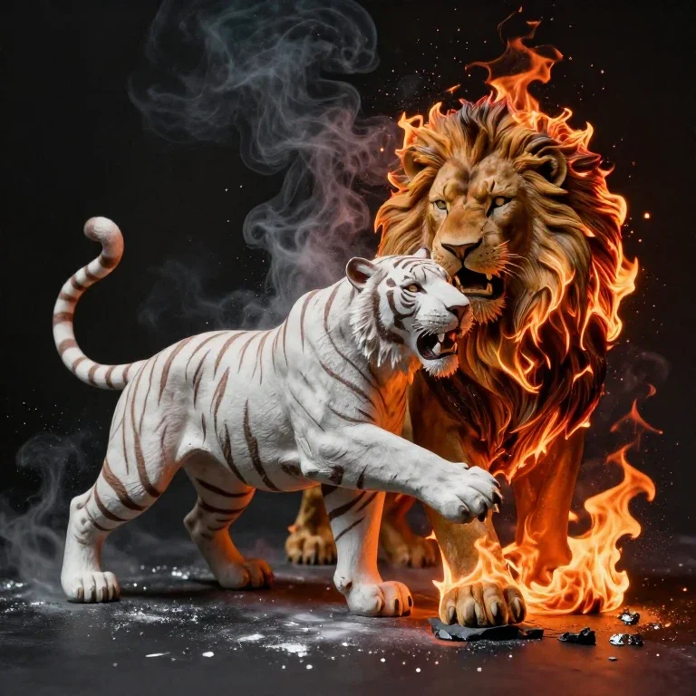 aluminum powder painting lion man fights white tiger
