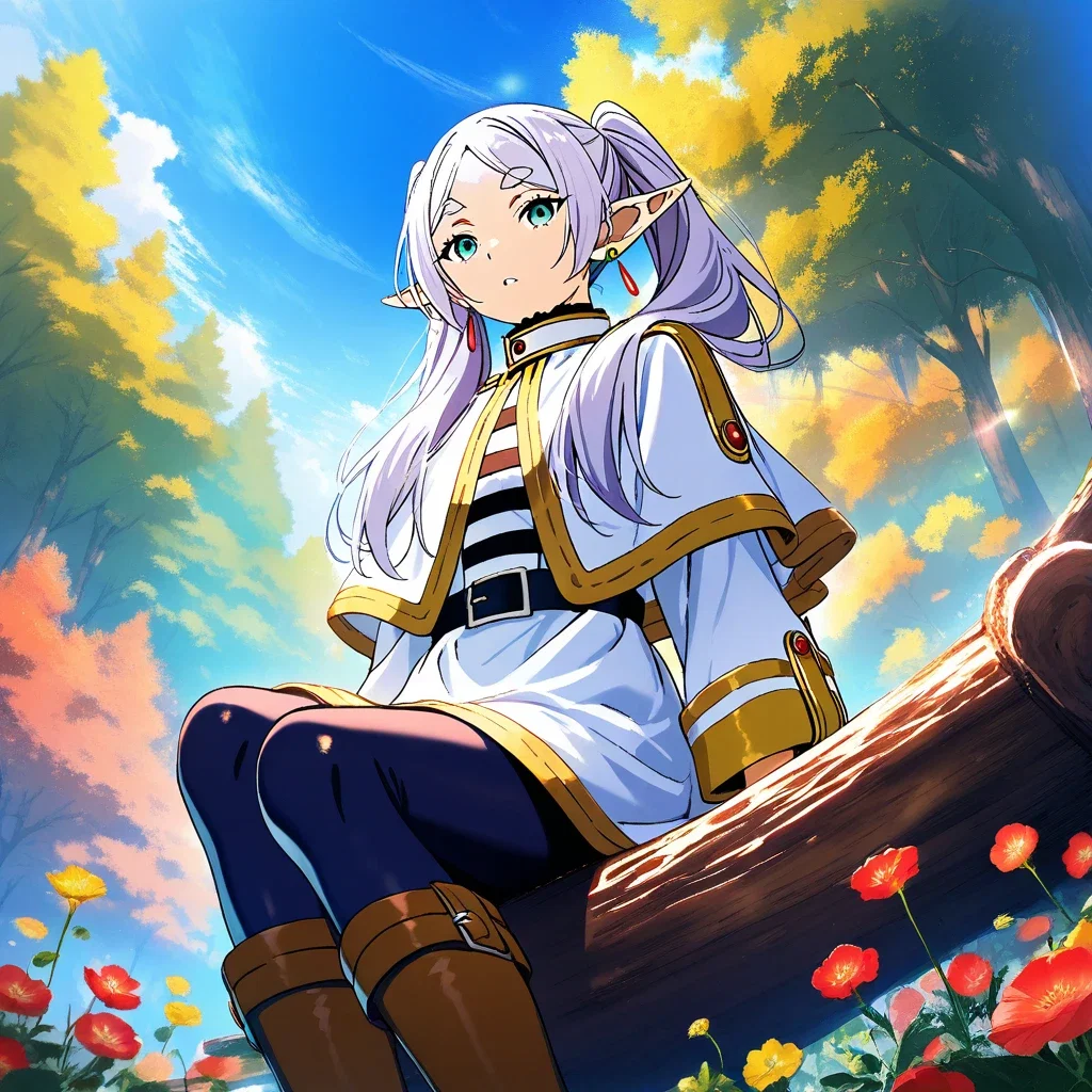 anime girl sitting on log