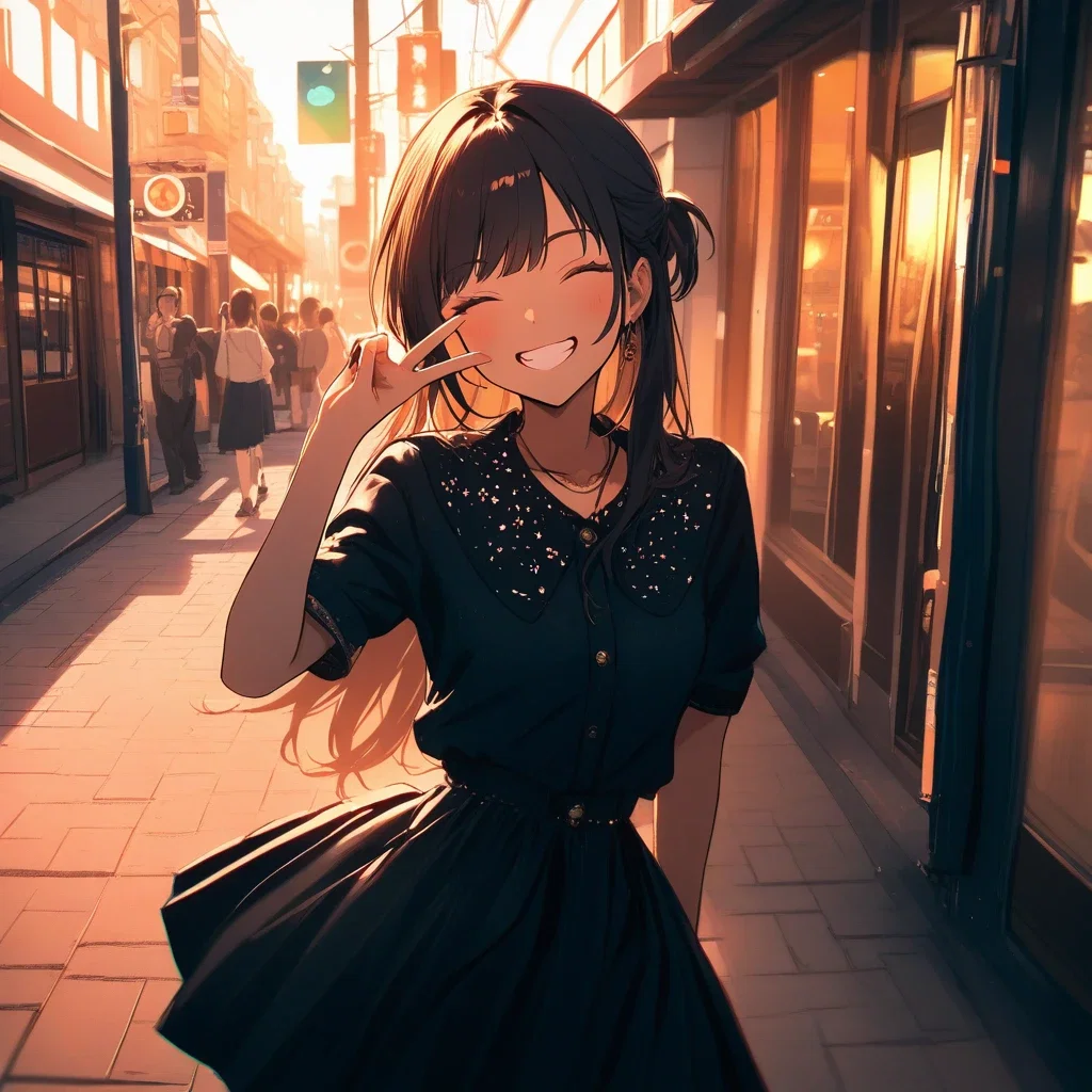 artistic rough style woman wearing dress skirt peace sign smile street photography soft light gradient half up