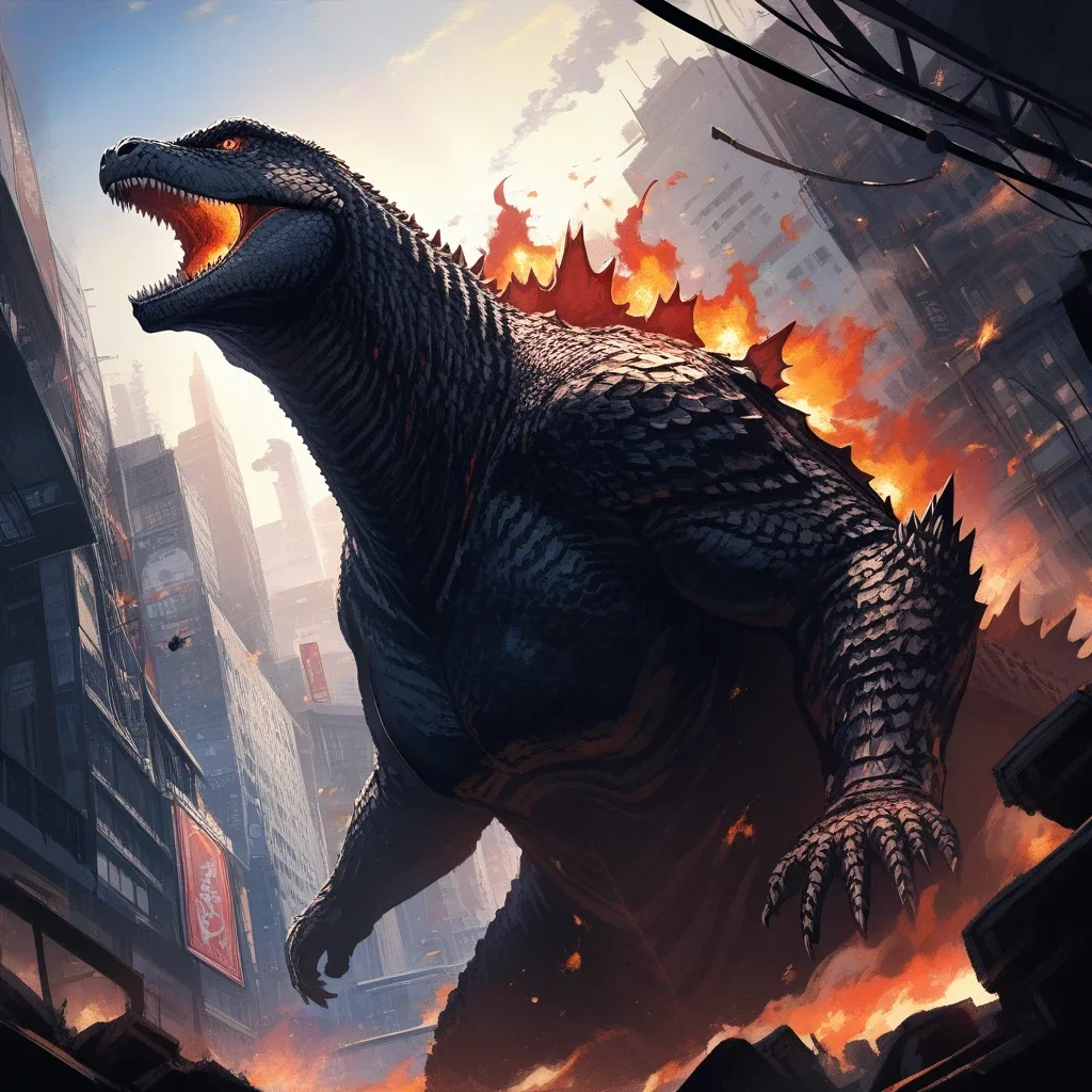 low angle godzilla destroying city
