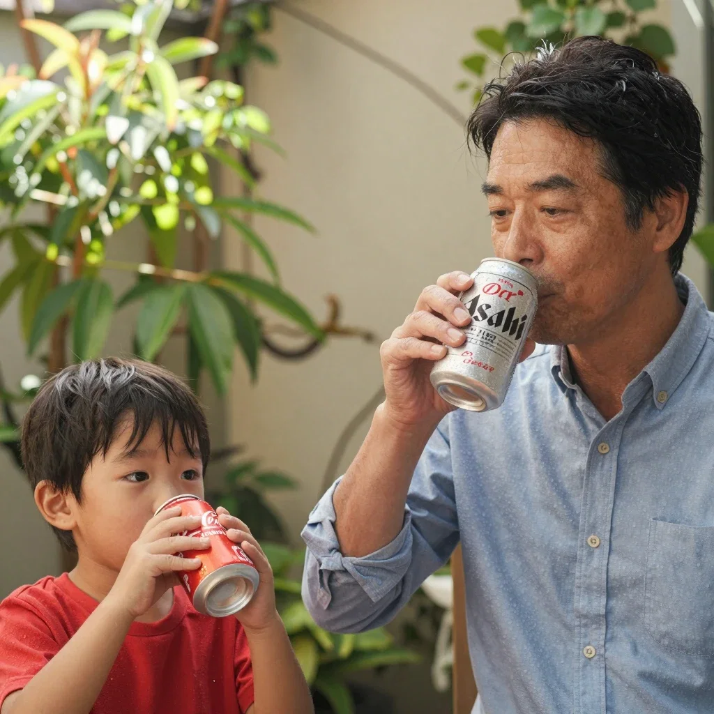 japanese father son garden drinks