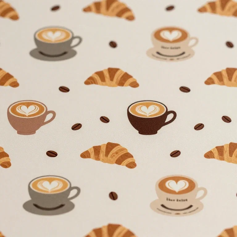 coffee cups pattern with hearts beans croissants