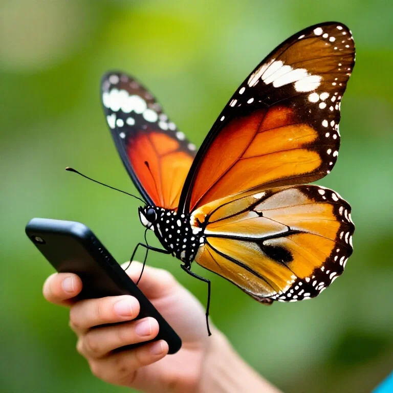giant butterfly reading sms on phone