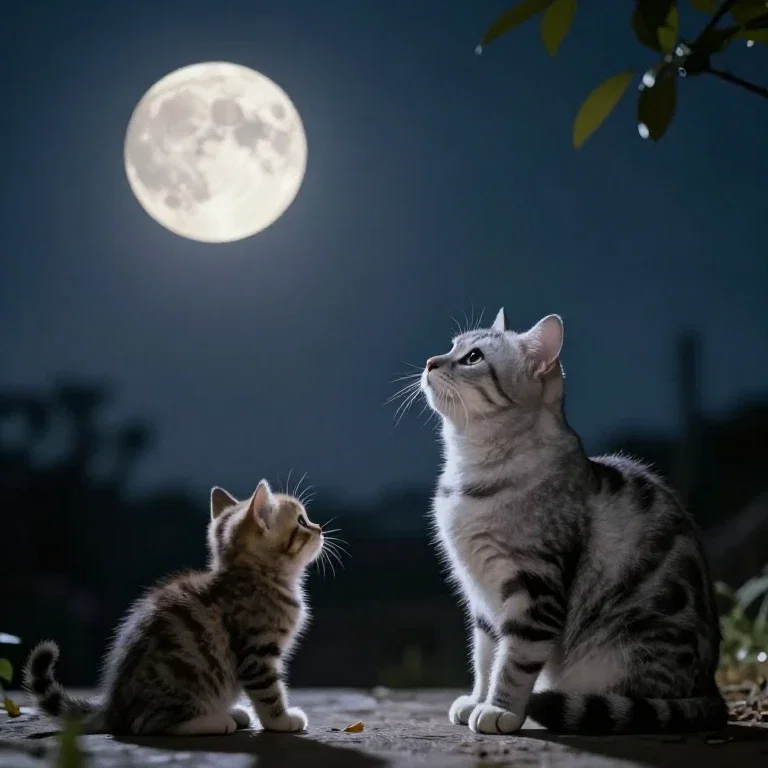 cat and kitten looking at moon
