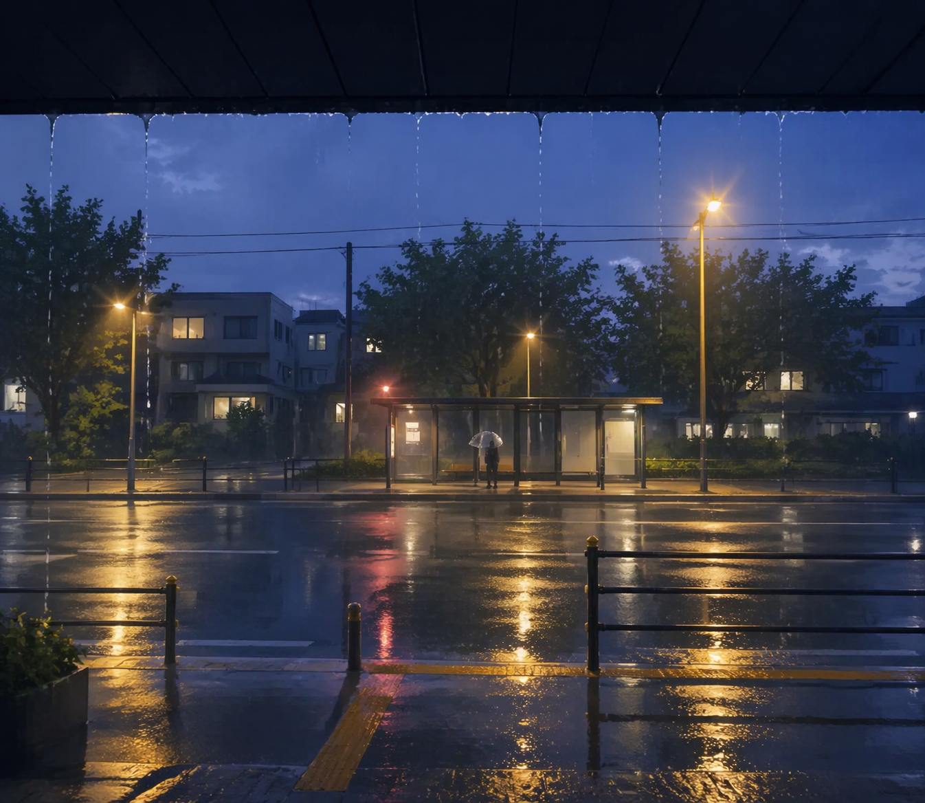 looking out from under eaves at dusk rain