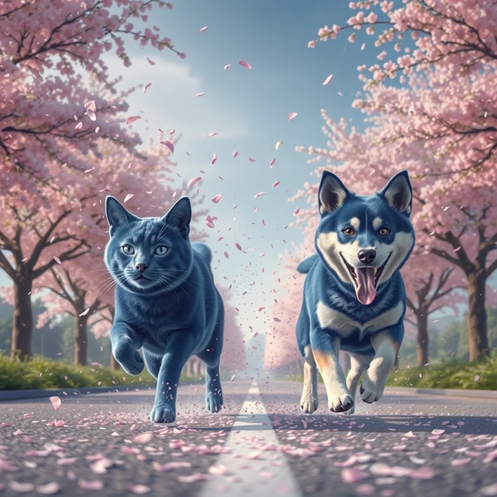 blue cat dog racing cherry blossoms petals