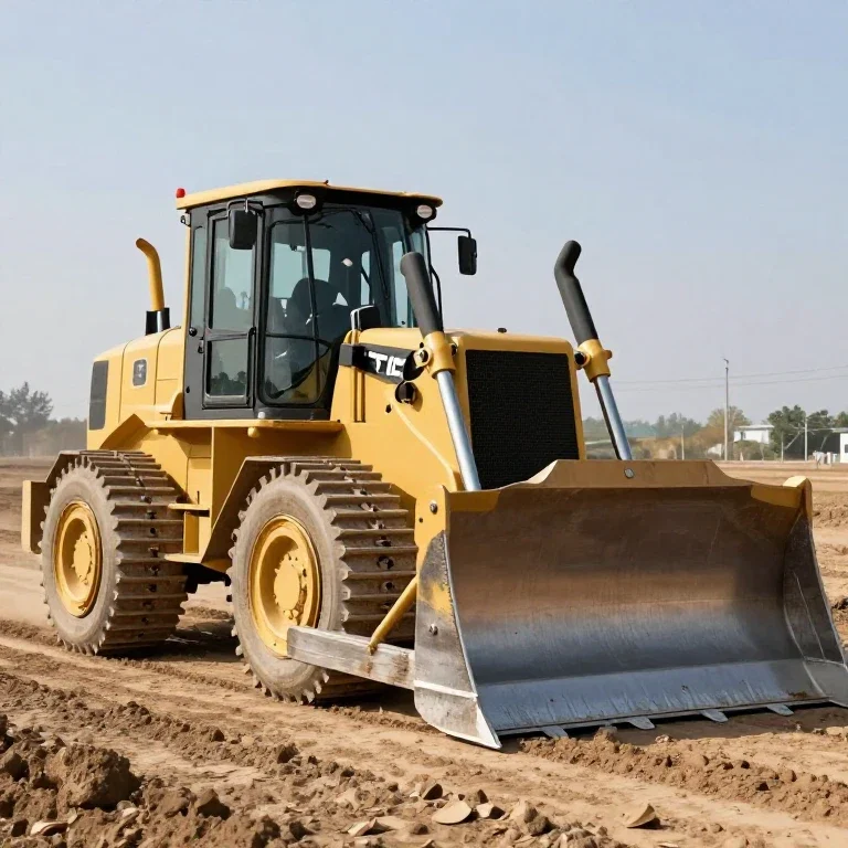 large yellow bulldozer scrapes ground