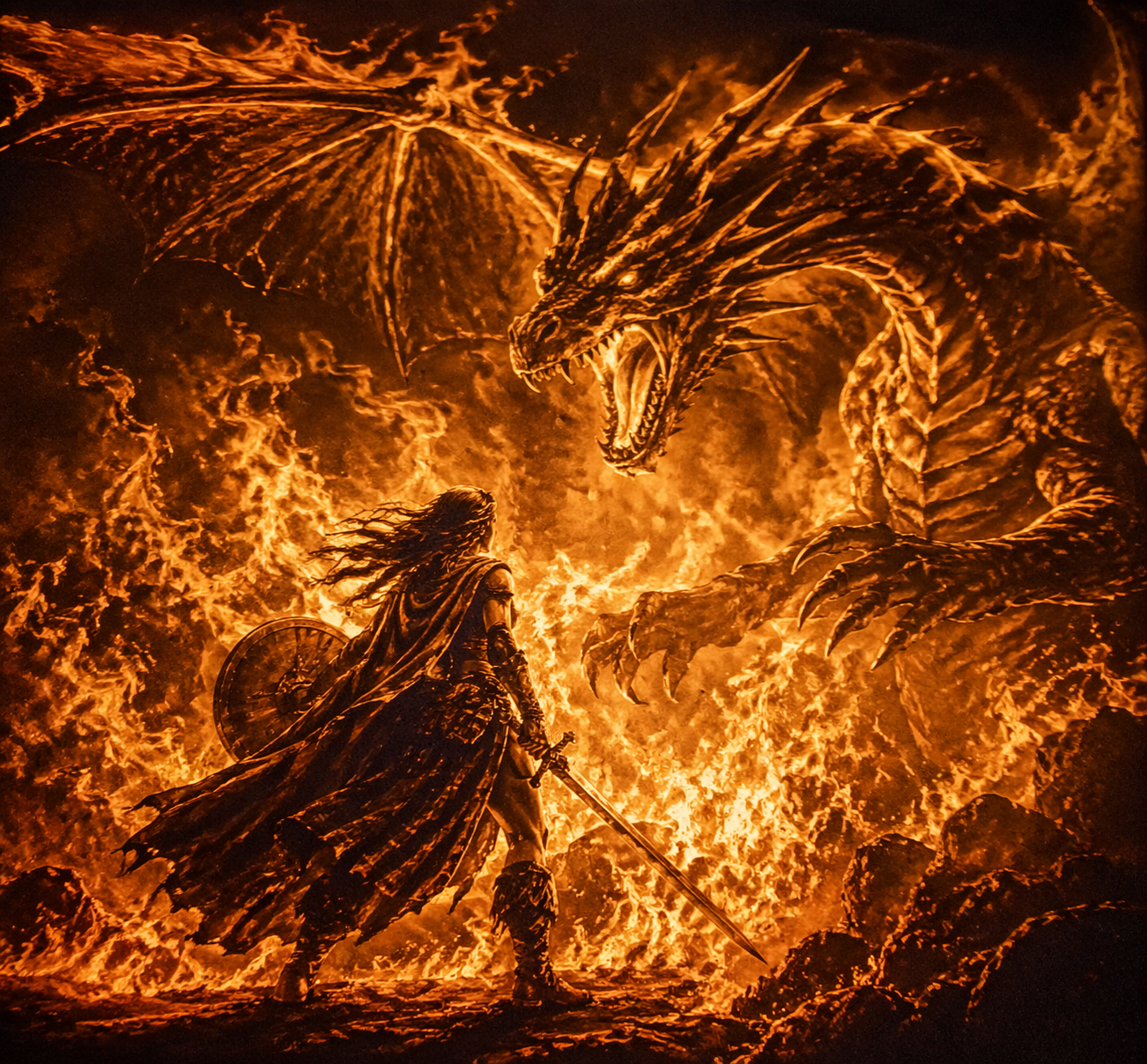 dragon fighting highlander warrior painting