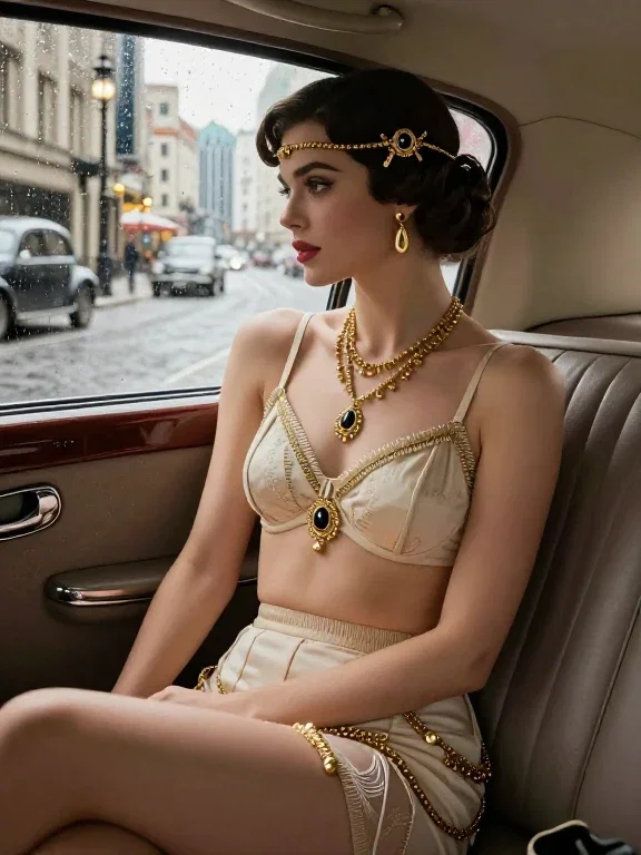 1920s beautiful woman vintage car morning light