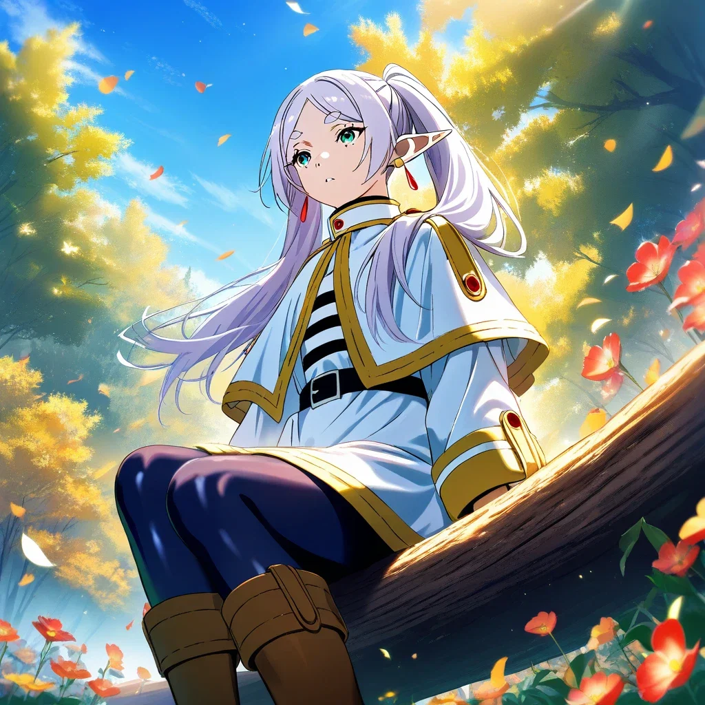 anime girl sitting on log