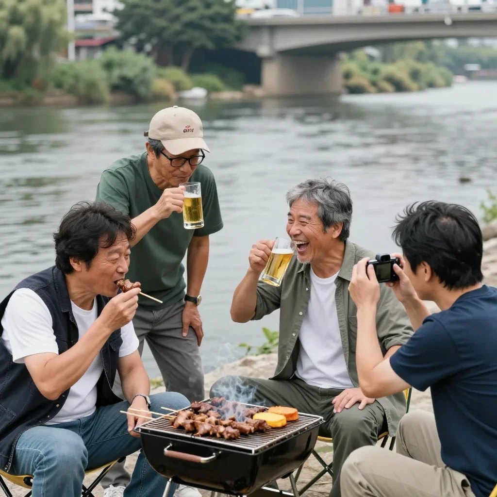 barbecue by river men drinking beer