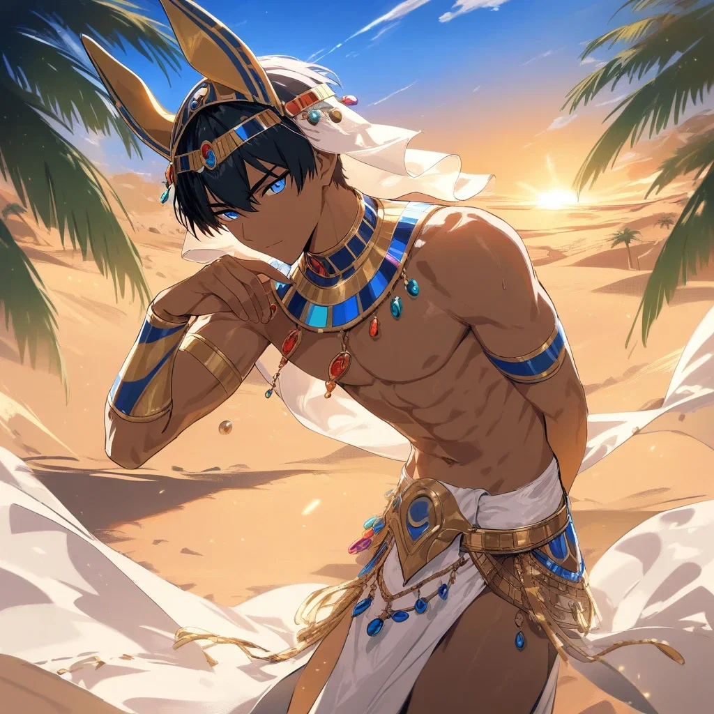 egyptian boy in desert sunset