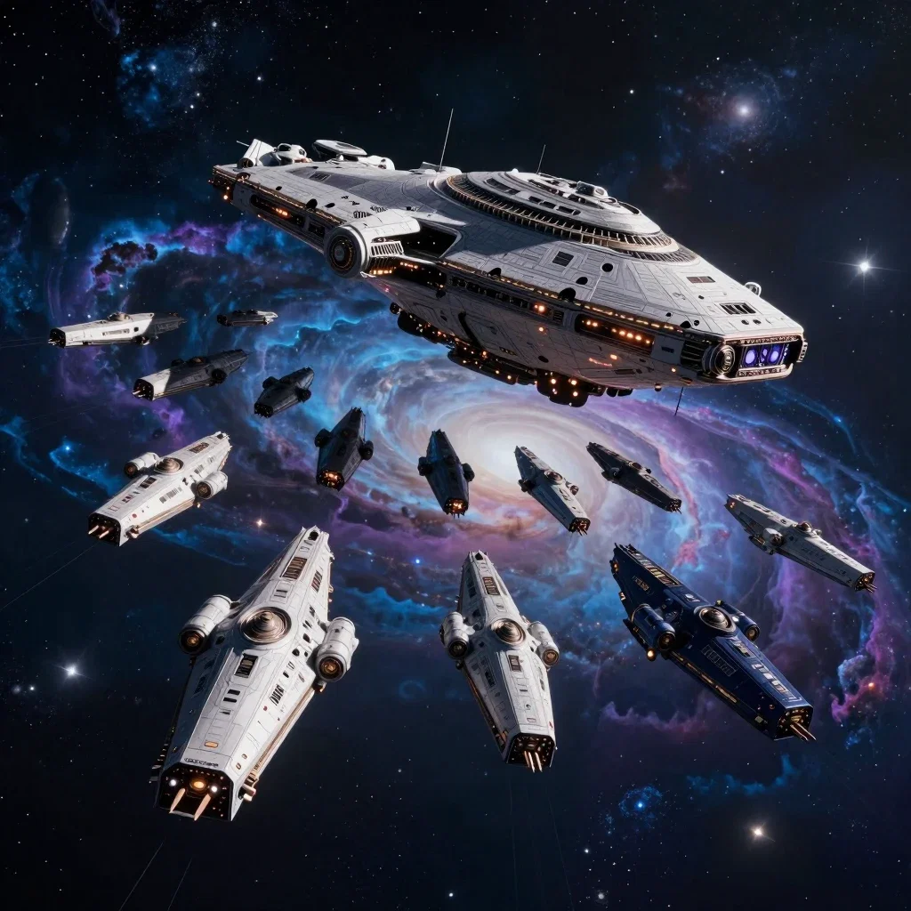 photorealistic spaceships in v formation deep space