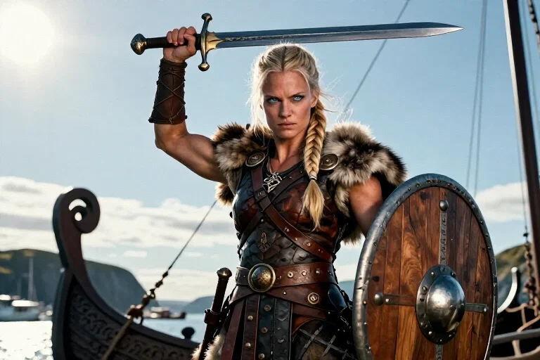 viking shieldmaiden pirate with sword and shield