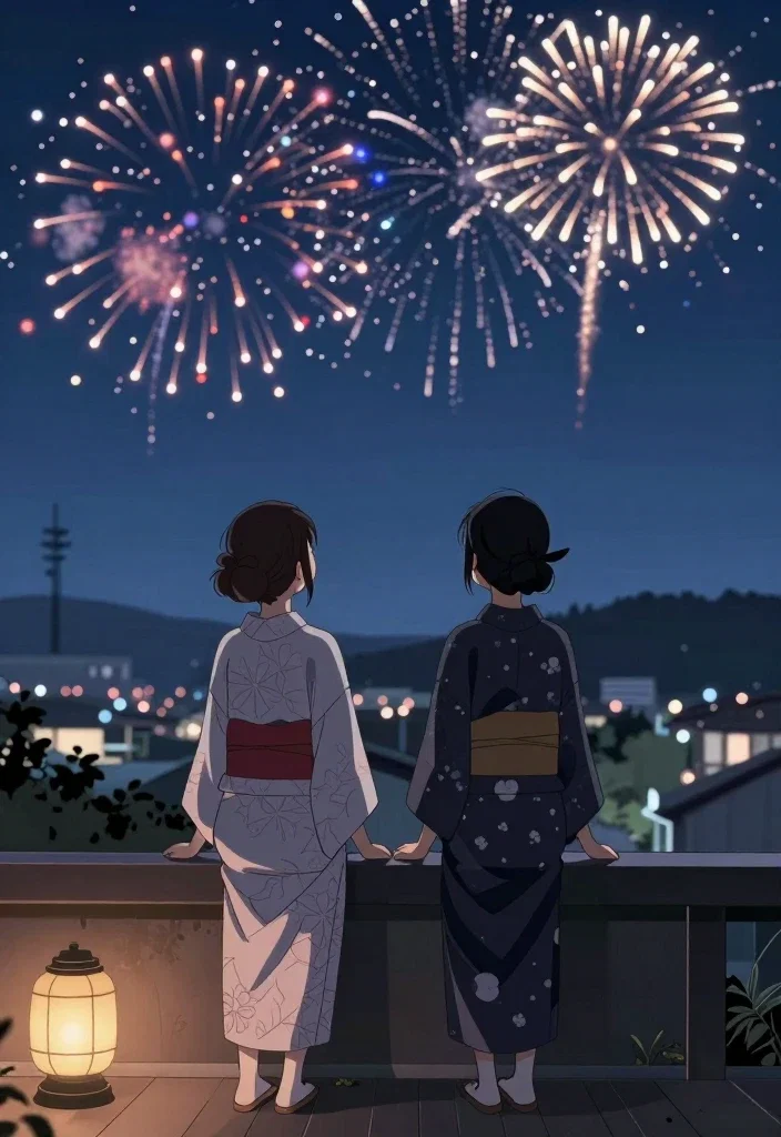 two sisters sitting on veranda watching fireworks