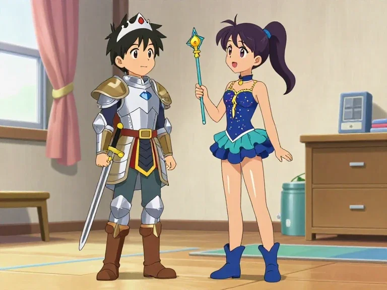 anime style boy girl costumed full body
