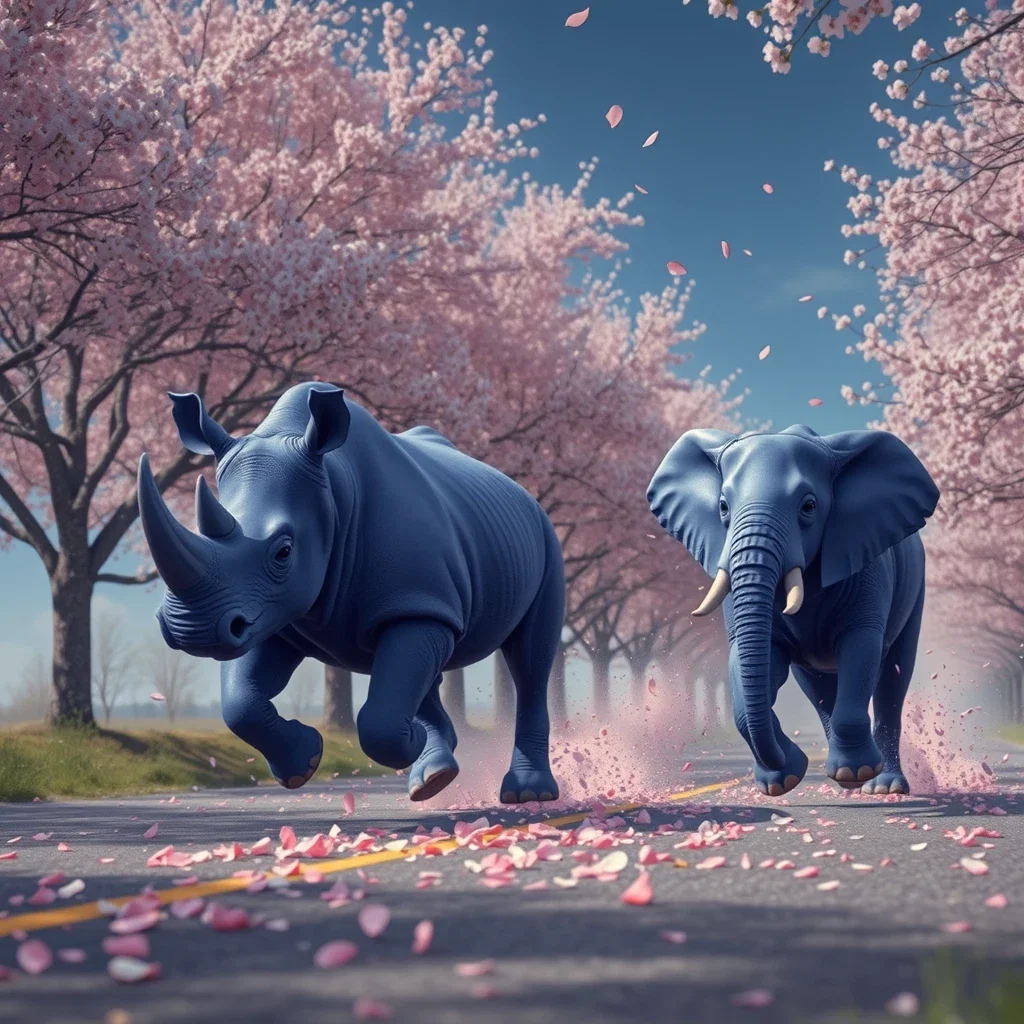 blue rhinoceros elephant racing cherry blossoms