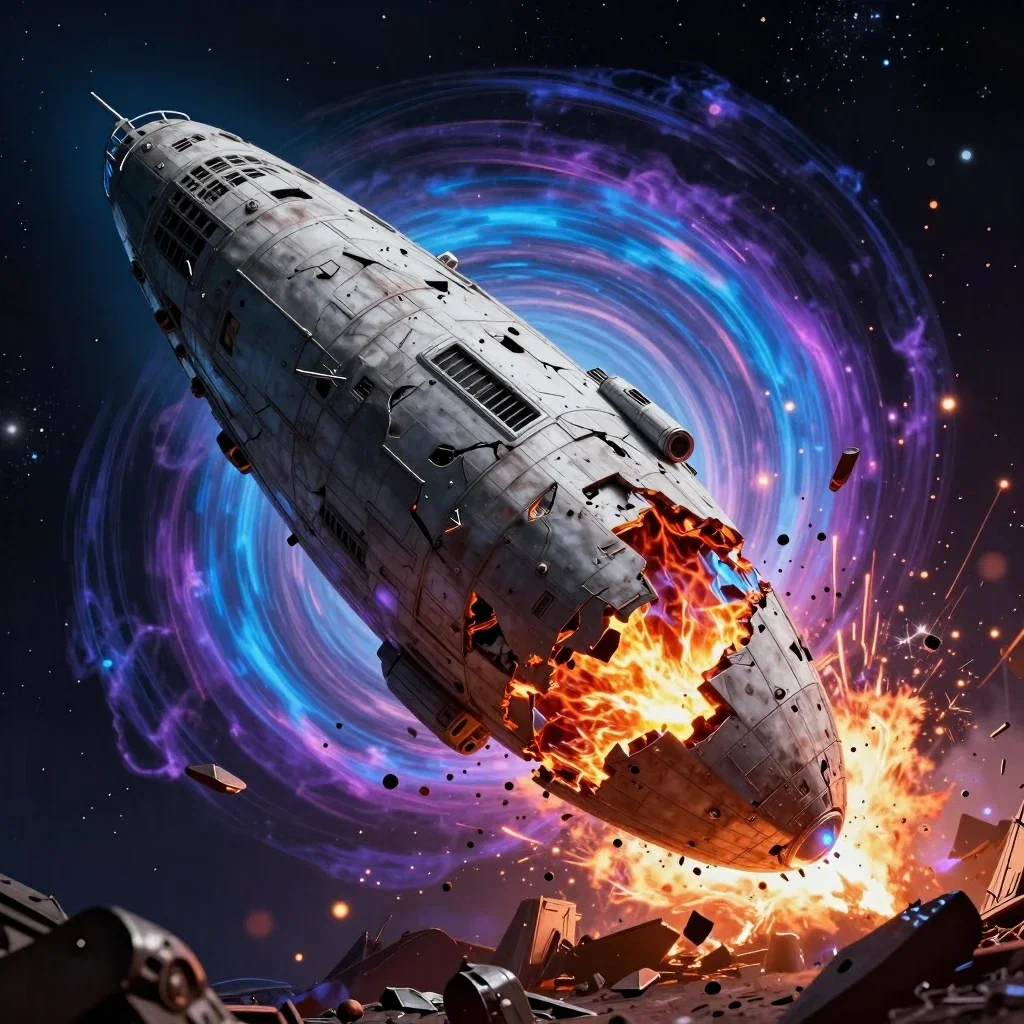 colossal scarred spaceship near event horizon