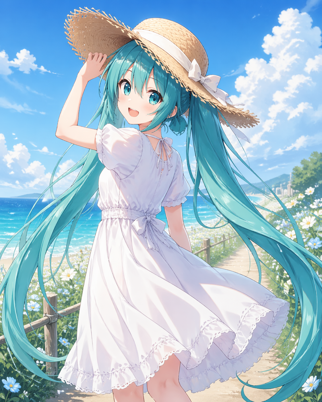 miku straw hat white dress